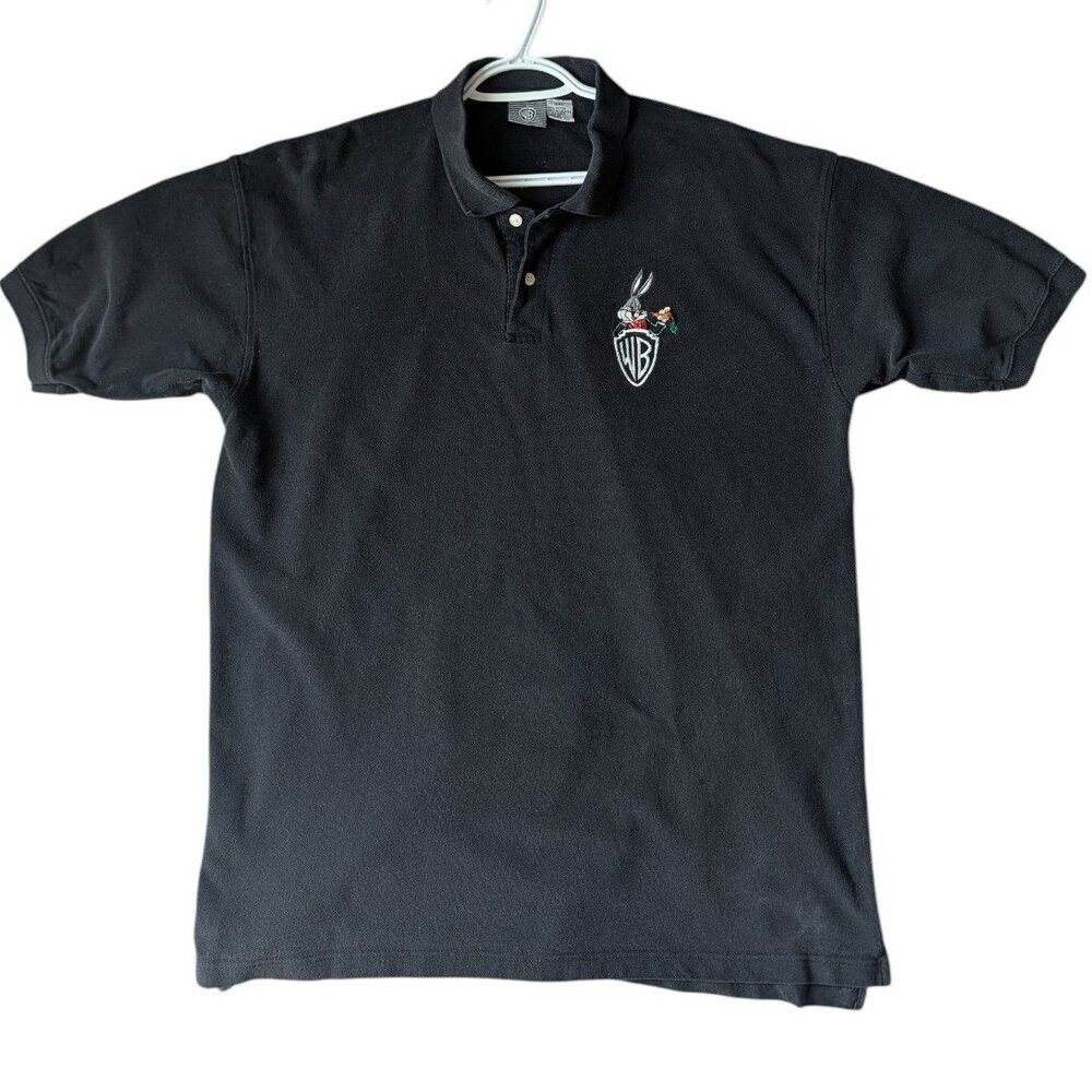 Vintage 90s Warner Bros Black Polo Shirt Embroidered Bugs Bunny Logo XXL